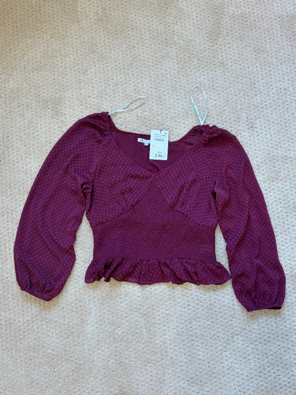 NWT DR2 by Daniel Rainn Cherry Wine Smocked Peplum Clip Dot Blouse L